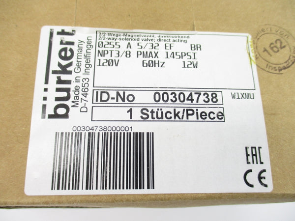 BURKERT 0255 A 5/32 EF BR NPT3/8 00304738 120V 145PSI NSMP