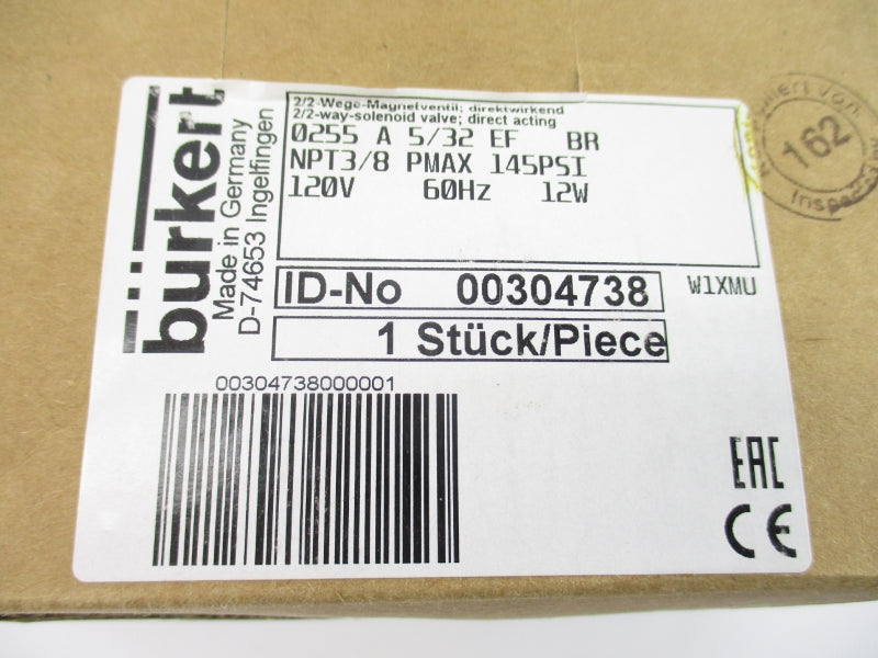 BURKERT 0255 A 5/32 EF BR NPT3/8 00304738 120V 145PSI NSMP
