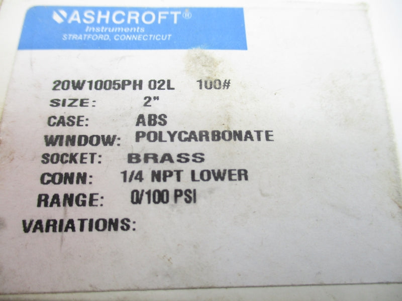 ASHCROFT 20W1005PH02L100# 0/100PSI 2" NSMP