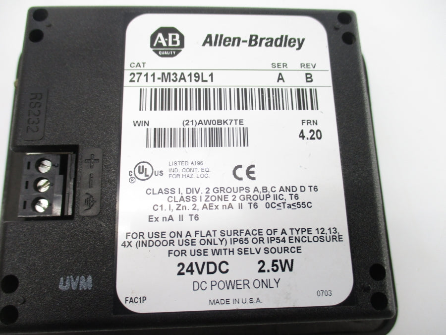ALLEN BRADLEY 2711-M3A19L1 SER. A F/W 4.20 24VDC REV. B NSNP
