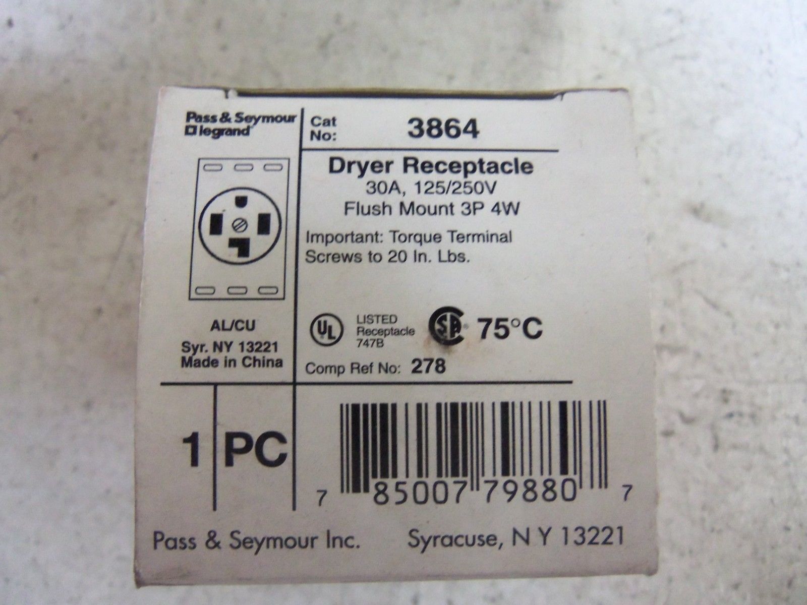 LOT OF 3  PASS & SEYMOUR 3864 DRYER RECEPTACLE NSMP