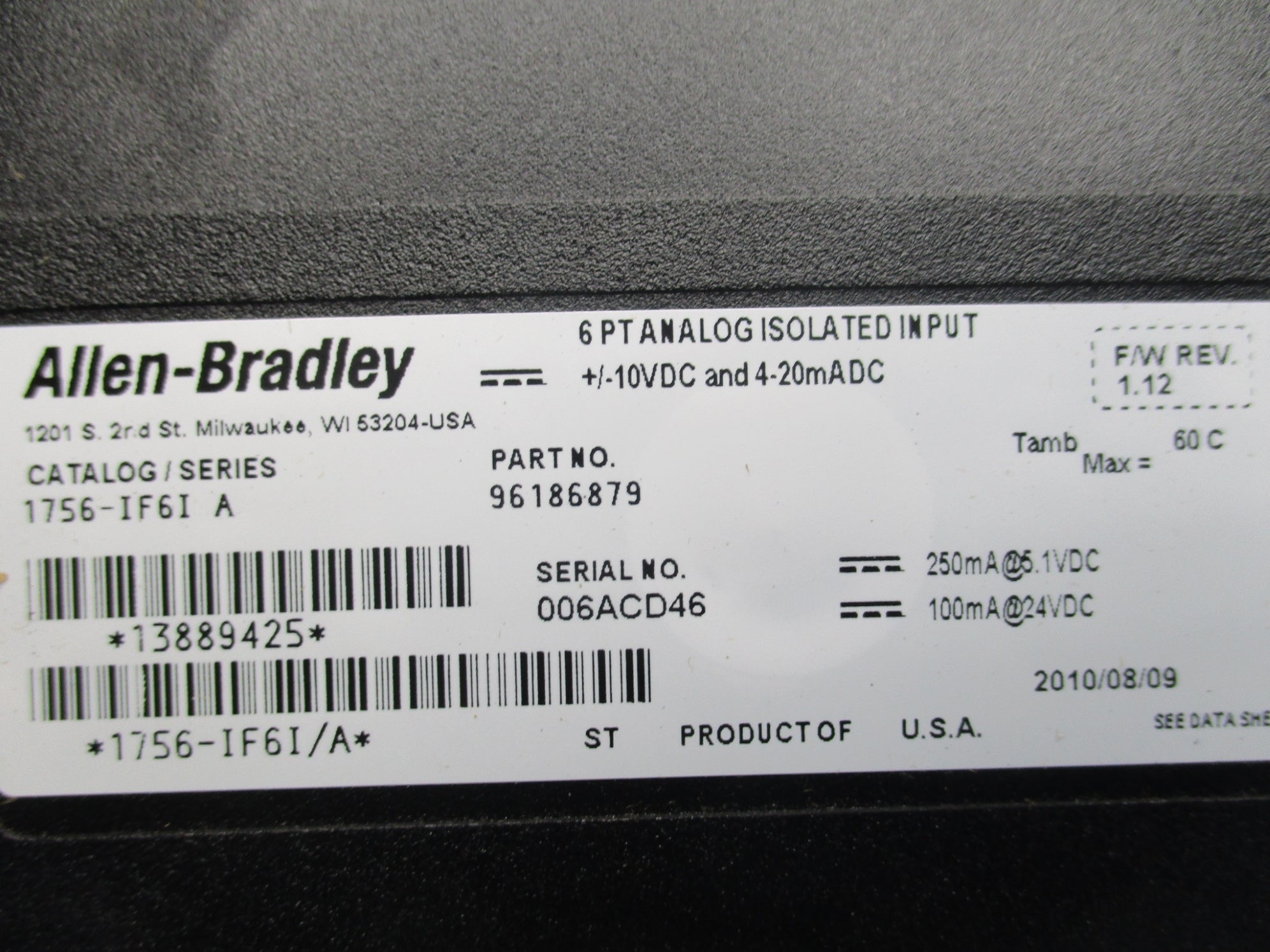 ALLEN BRADLEY 1756-IF6I 24VDC F/W 1.12 SER. A NSMP