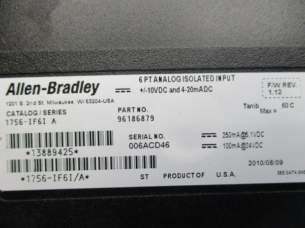 ALLEN BRADLEY 1756-IF6I 24VDC F/W 1.12 SER. A NSMP