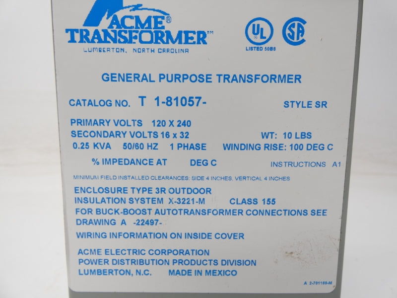 ACME TRANSFORMER T1-81057 120/240V NSMP