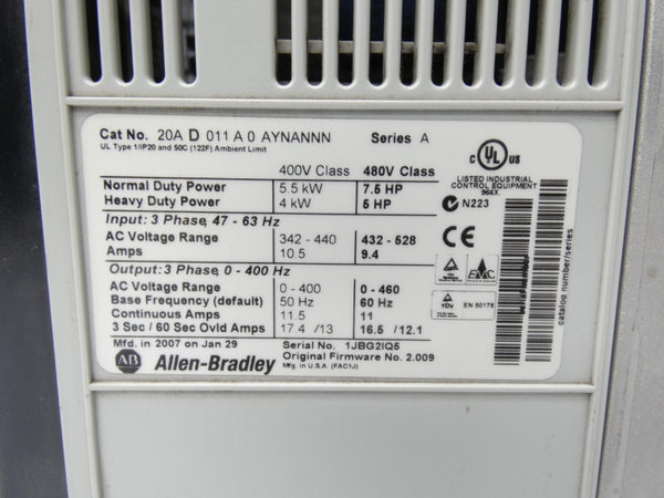 ALLEN BRADLEY 20AD011A0AYNANNN SER. A F/W 2.009 432-528V 9.4A UNMP