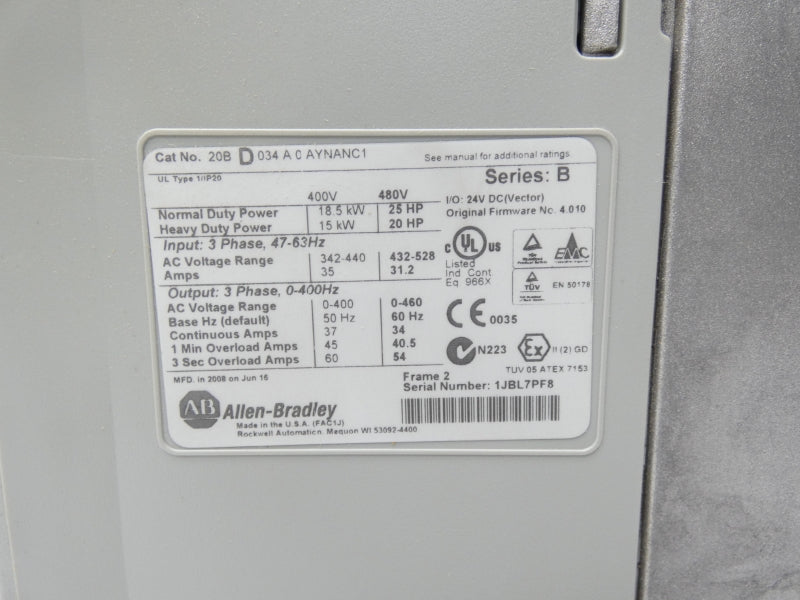 ALLEN BRADLEY 20BD034A0AYNANC1 SER. B F/W 4.010 432-528V 31.2A NSNP