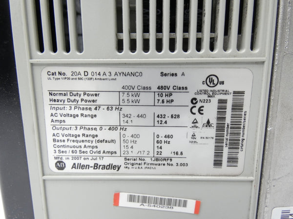 ALLEN BRADLEY 20AD014A3AYNANC0 SER. A F/W 3.003 432-528V 12.4A UNMP