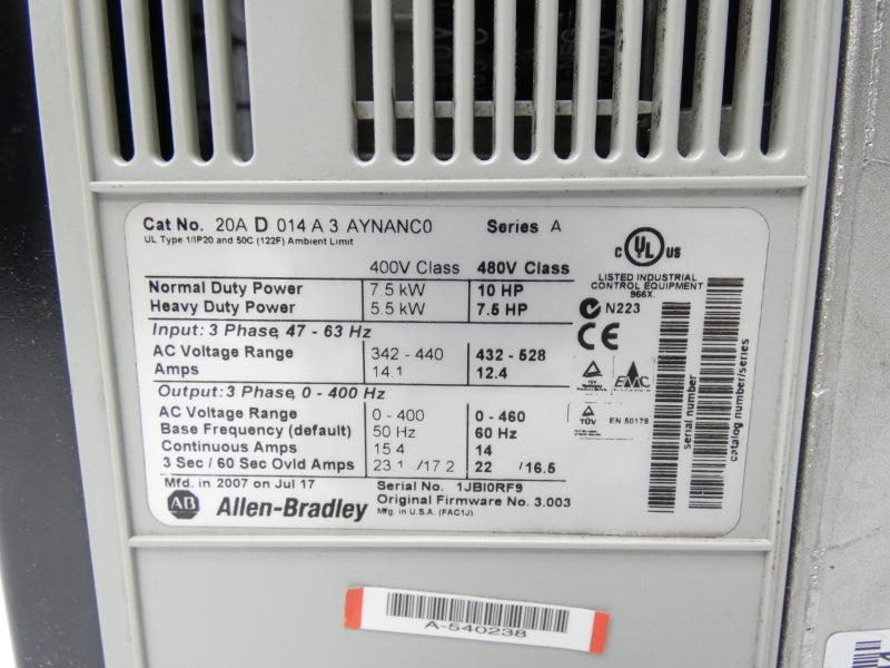 ALLEN BRADLEY 20AD014A3AYNANC0 SER. A F/W 3.003 432-528V 12.4A UNMP
