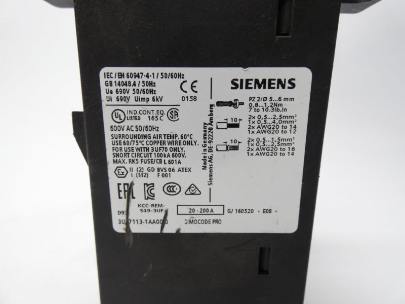 SIEMENS 3UF7113-1AA00-0 690VAC 20-200A NSNP