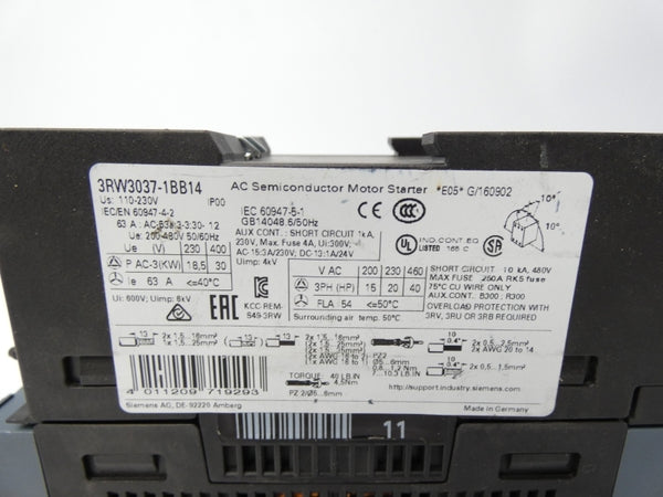 SIEMENS 3RW3037-1BB14 460VAC (AS PICTURED) UNMP
