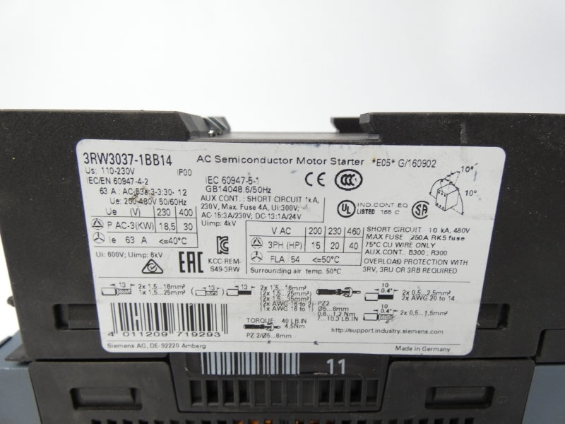 SIEMENS 3RW3037-1BB14 460VAC (AS PICTURED) UNMP