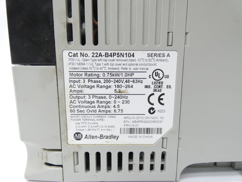 ALLEN BRADLEY 22A-B4P5N104 SER. A F/W 6.01 180-264VAC 5.2A UNMP