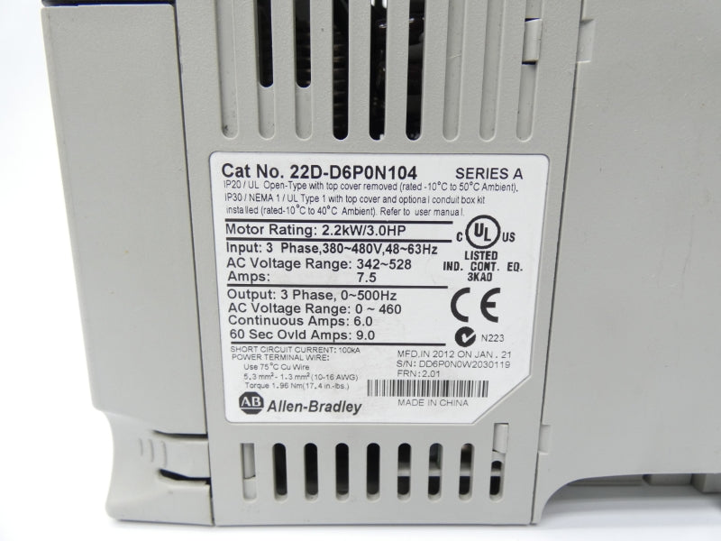 ALLEN BRADLEY 22D-D6P0N104 SER. A F/W 2.01 342-528VAC 7.5A UNMP