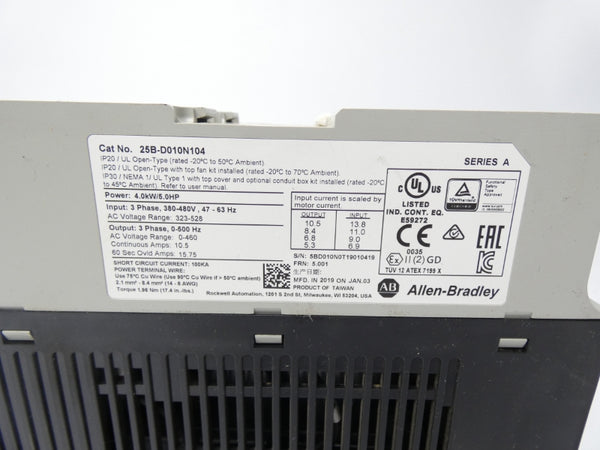 ALLEN BRADLEY 25B-D010N104 SER. A F/W 5.001 323-528VAC 10.5A UNMP