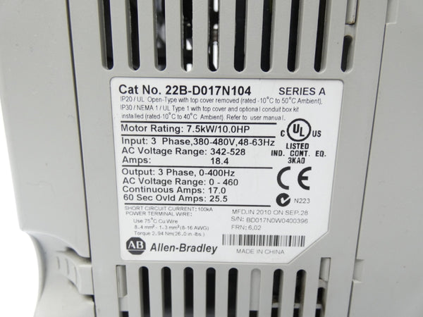ALLEN BRADLEY 22B-D017N104 SER. A F/W 6.02 342-528VAC 17.0A UNMP