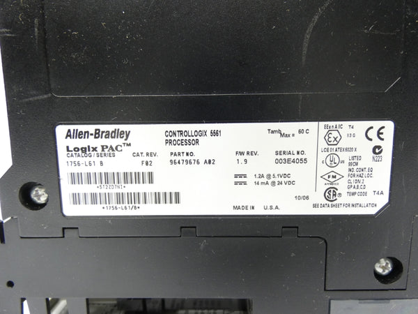 ALLEN BRADLEY 1756-L61 SER. B REV. F02 F/W 1.9 24VDC 1.2A (NO KEY) UNMP