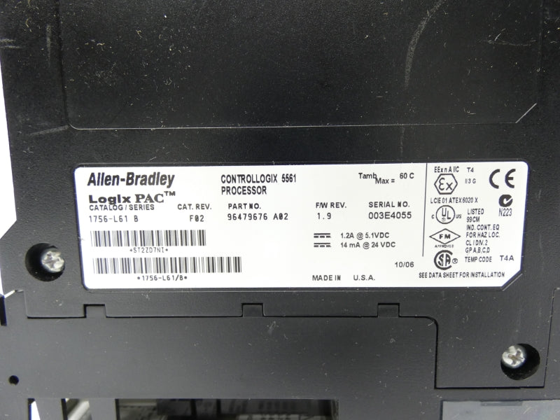 ALLEN BRADLEY 1756-L61 SER. B REV. F02 F/W 1.9 24VDC 1.2A (NO KEY) UNMP