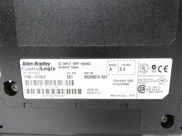ALLEN BRADLEY 1756-IA16 SER. A REV. E01 F/W 2.4 120VAC UNMP
