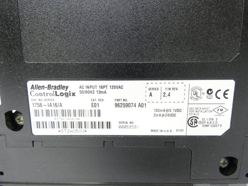 ALLEN BRADLEY 1756-IA16 SER. A REV. E01 F/W 2.4 120VAC UNMP