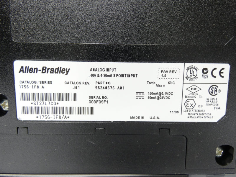 ALLEN BRADLEY 1756-IF8 SER. A REV. J01 F/W 1.5 24VDC UNMP