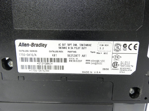 ALLEN BRADLEY 1756-OA16 SER. A REV. K01 F/W 3.2 24VDC UNMP