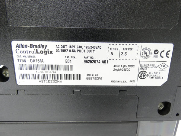 ALLEN BRADLEY 1756-OA16 SER. A REV. E01 F/W 2.3 120/240VAC 0.5A (AS PIC)  UNMP