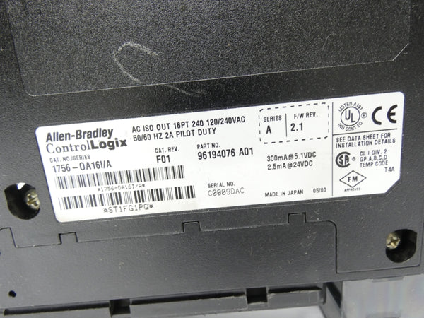 ALLEN BRADLEY 1756-0A16I SER. A REV. F01 F/W 2.1 120/240VAC 2A (AS PIC) UNMP
