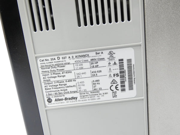 ALLEN BRADLEY 20AD027A0AYNANC0 SER. A F/W 5.001 480VAC 27A NSMP