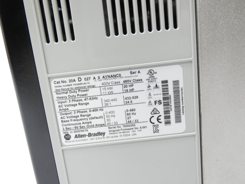 ALLEN BRADLEY 20AD027A0AYNANC0 SER. A F/W 5.001 480VAC 27A NSMP