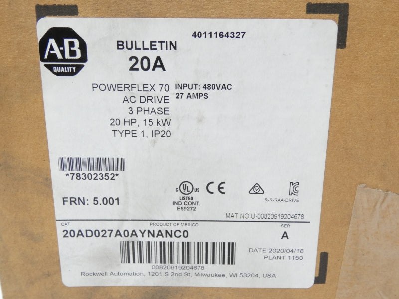 ALLEN BRADLEY 20AD027A0AYNANC0 SER. A F/W 5.001 480VAC 27A NSMP