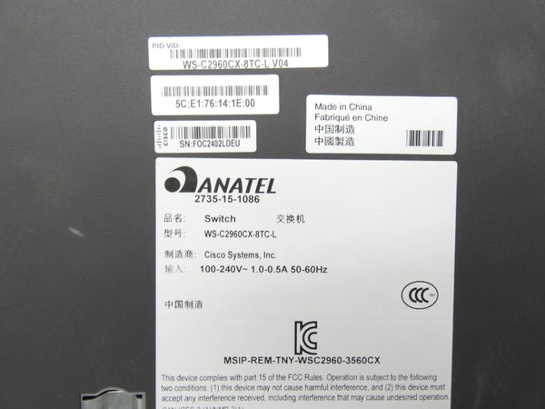ANATEL 2735-15-1086 WS-C2960CX-8TC-L 100-240V 1.0-0.5A NSNP