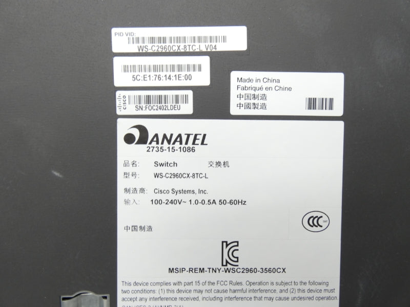 ANATEL 2735-15-1086 WS-C2960CX-8TC-L 100-240V 1.0-0.5A NSNP
