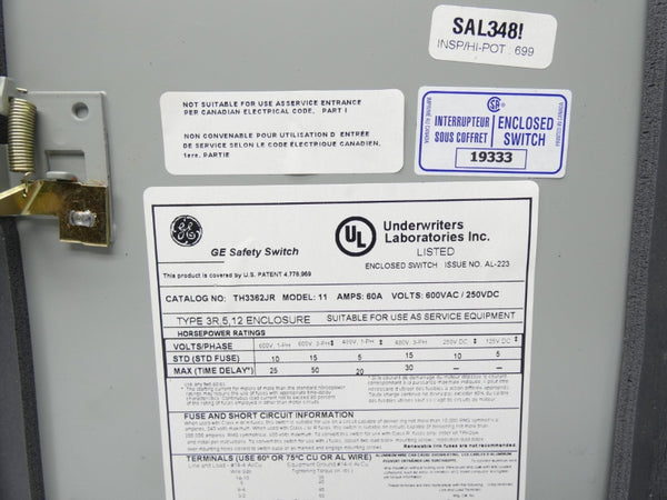 GENERAL ELECTRIC TH3362JR 600VAC 60A NSMP