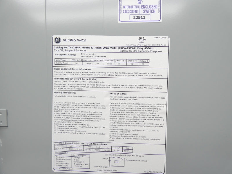 GENERAL ELECTRIC THN3364R 600VAC 200A NSMP