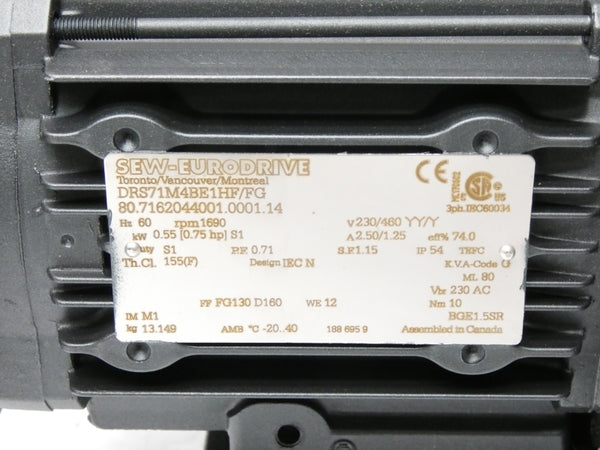SEW EURODRIVE DRS71M4BE1HF/FG 230/460V 2.50/1.25A NSMP