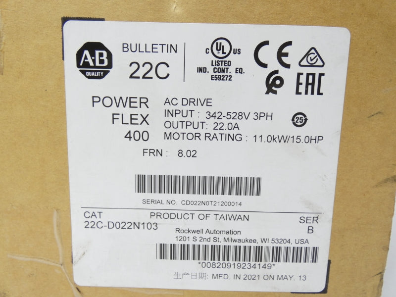 ALLEN BRADLEY 22C-D022N103 SER. B F/W 8.02 342-528V 22.0A DATE: 2021 NSFS