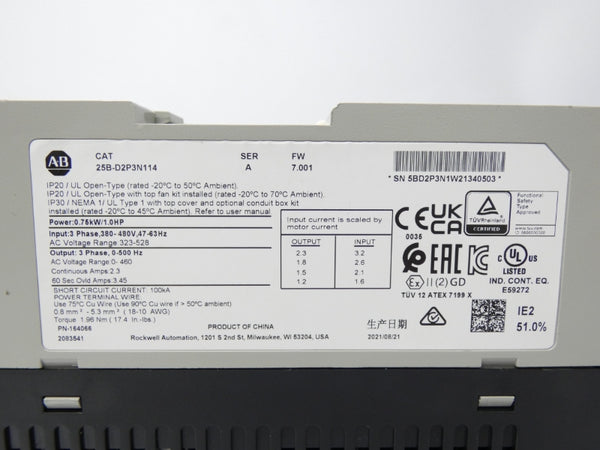 ALLEN BRADLEY 25B-D2P3N114 SER. A F/W 7.001 323-528V 2.3A NSMP