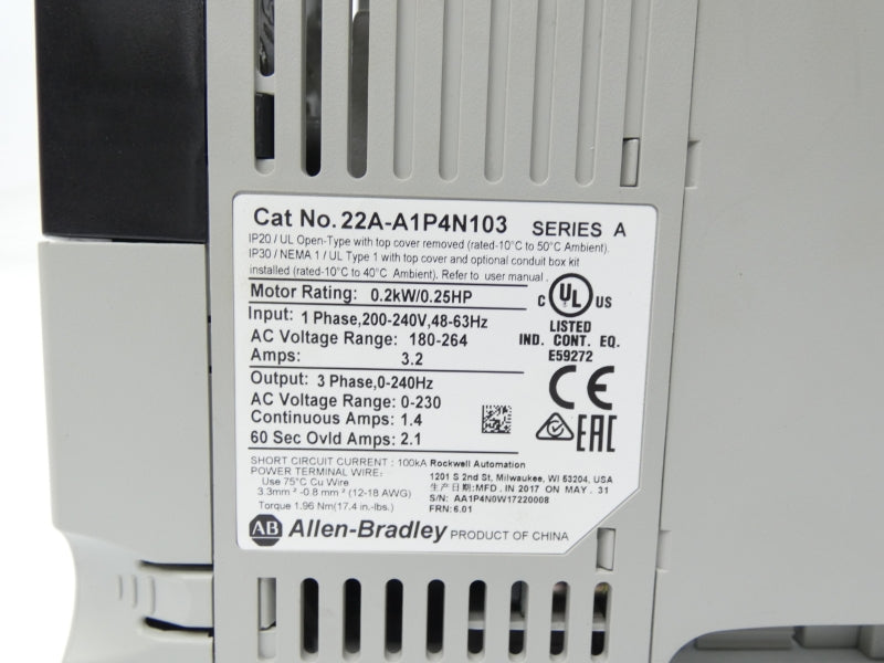 ALLEN BRADLEY 22A-A1P4N103 SER. A F/W 6.01 180-264V 1.4A NSMP