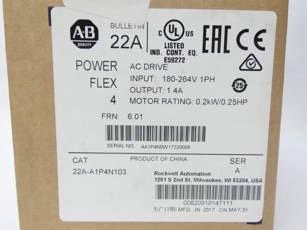 ALLEN BRADLEY 22A-A1P4N103 SER. A F/W 6.01 180-264V 1.4A NSMP