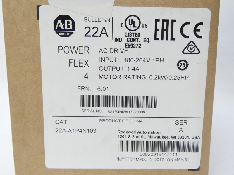 ALLEN BRADLEY 22A-A1P4N103 SER. A F/W 6.01 180-264V 1.4A NSMP