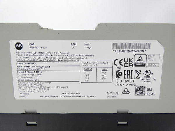 ALLEN BRADLEY 25B-D017N104 SER. A F/W 7.001 323-528V 17.0A NSMP