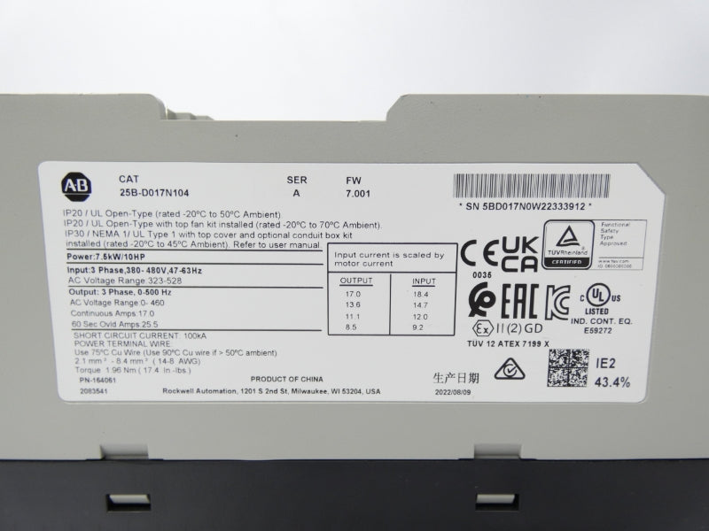 ALLEN BRADLEY 25B-D017N104 SER. A F/W 7.001 323-528V 17.0A NSMP