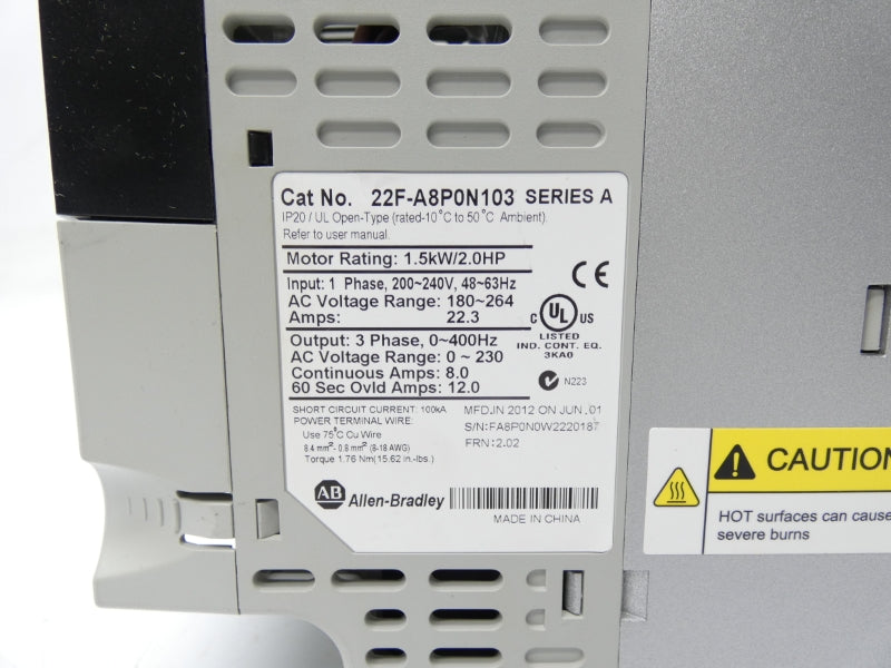 ALLEN BRADLEY 22F-A8P0N103 SER. A F/W 2.02 180-264V 8.0A NSMP