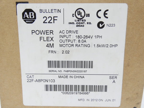 ALLEN BRADLEY 22F-A8P0N103 SER. A F/W 2.02 180-264V 8.0A NSMP