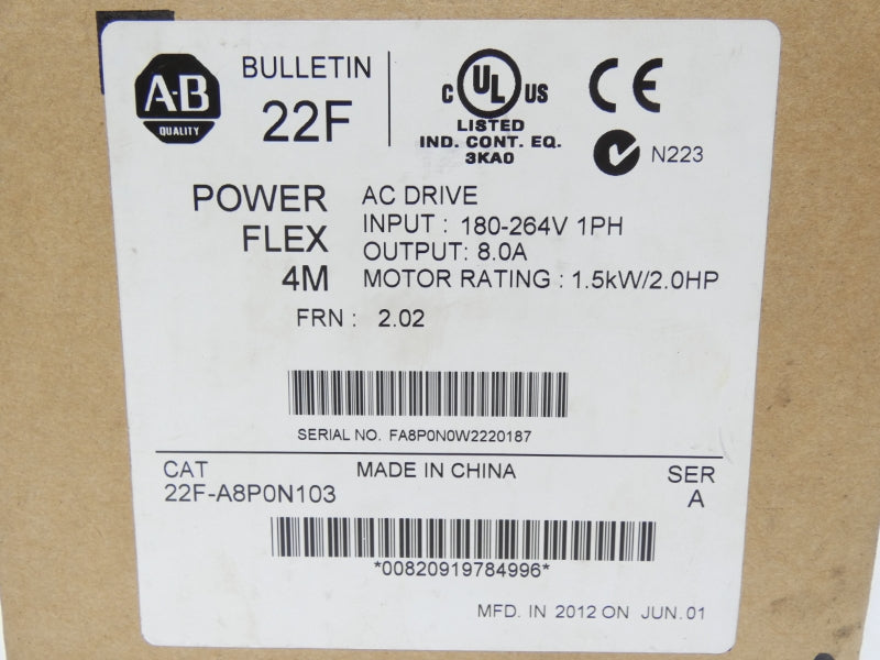 ALLEN BRADLEY 22F-A8P0N103 SER. A F/W 2.02 180-264V 8.0A NSMP