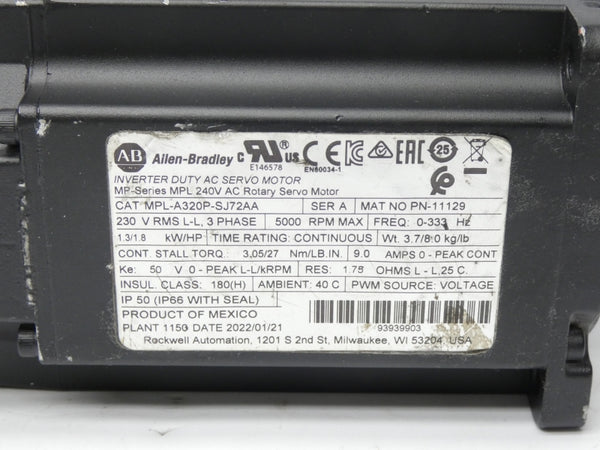 ALLEN BRADLEY MPL-A320P-SJ72AA SER. A 240VAC 9.0A UNMP