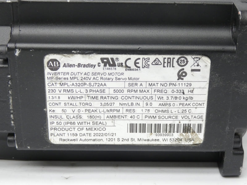 ALLEN BRADLEY MPL-A320P-SJ72AA SER. A 240VAC 9.0A UNMP