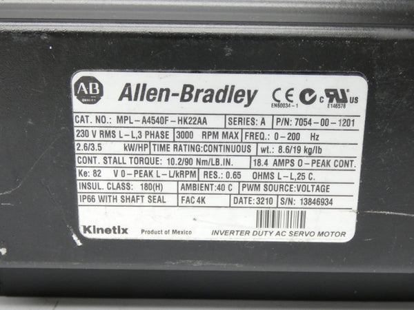 ALLEN BRADLEY MPL-A4540F-HK22AA SER. A 230V 18.4A UNMP