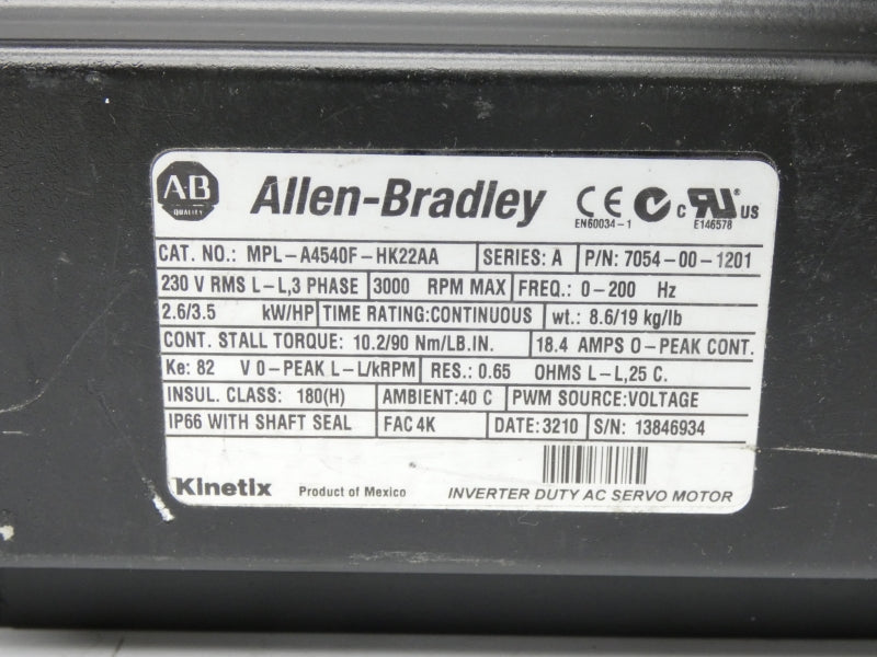 ALLEN BRADLEY MPL-A4540F-HK22AA SER. A 230V 18.4A UNMP