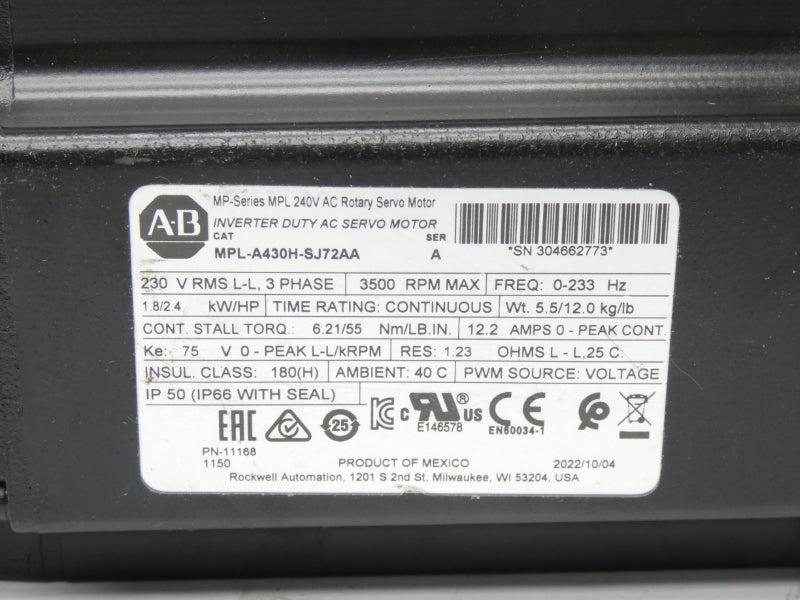 ALLEN BRADLEY MPL-A430H-SJ72AA SER. A 230V 12.2A NSNP